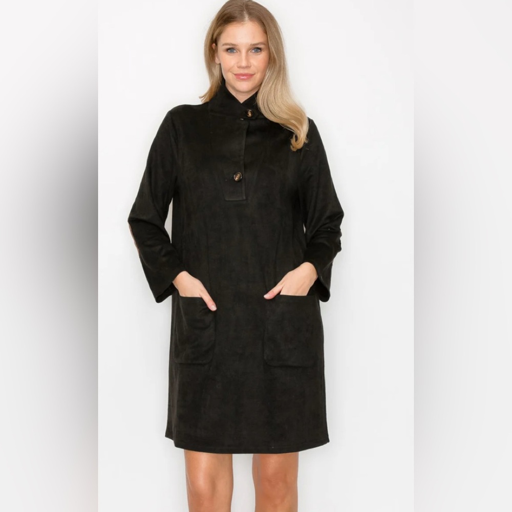 NWT JOH APPAREL Aria Black Faux Suede Elbow Patches Pockets Minimal Dress Size S